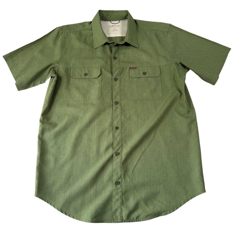 Orvis Mens XL Short Sleeve Button Down Shirt Olive Green Mesh Lined Utility